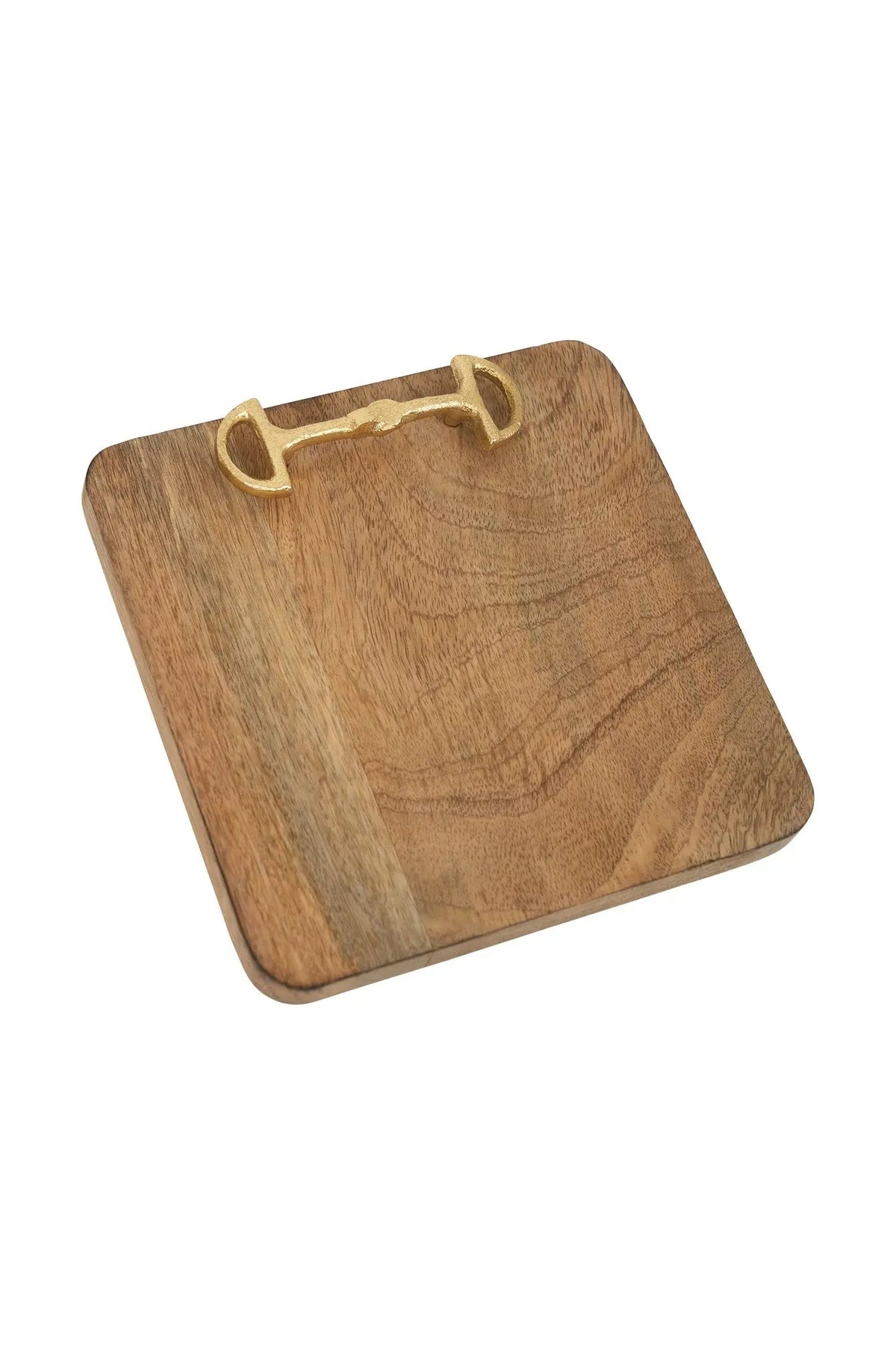 Wooden cutting board with a gold clip on a white background