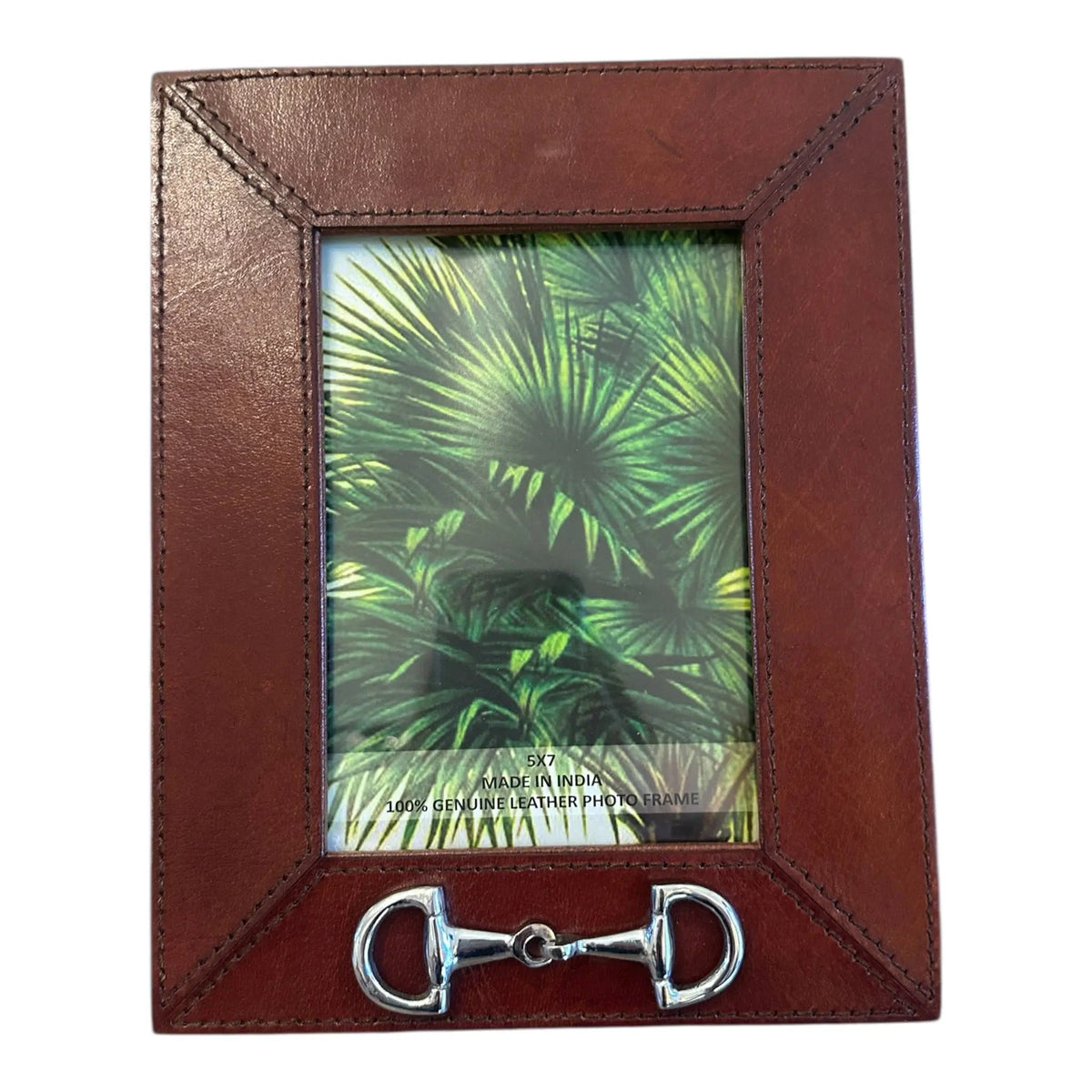 Brown leather photo frame with a horse bit design on a white background