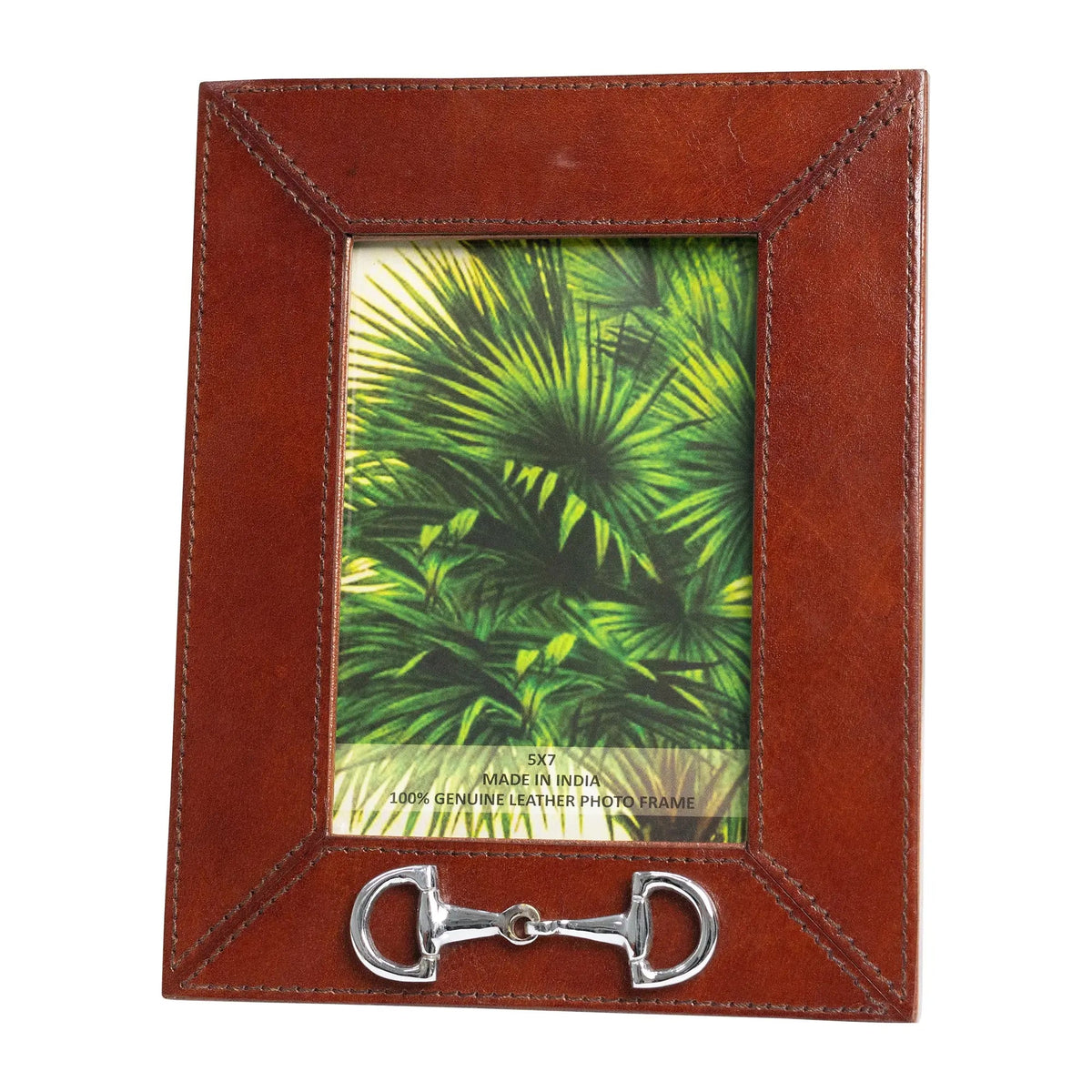 Brown leather photo frame with a green leafy background