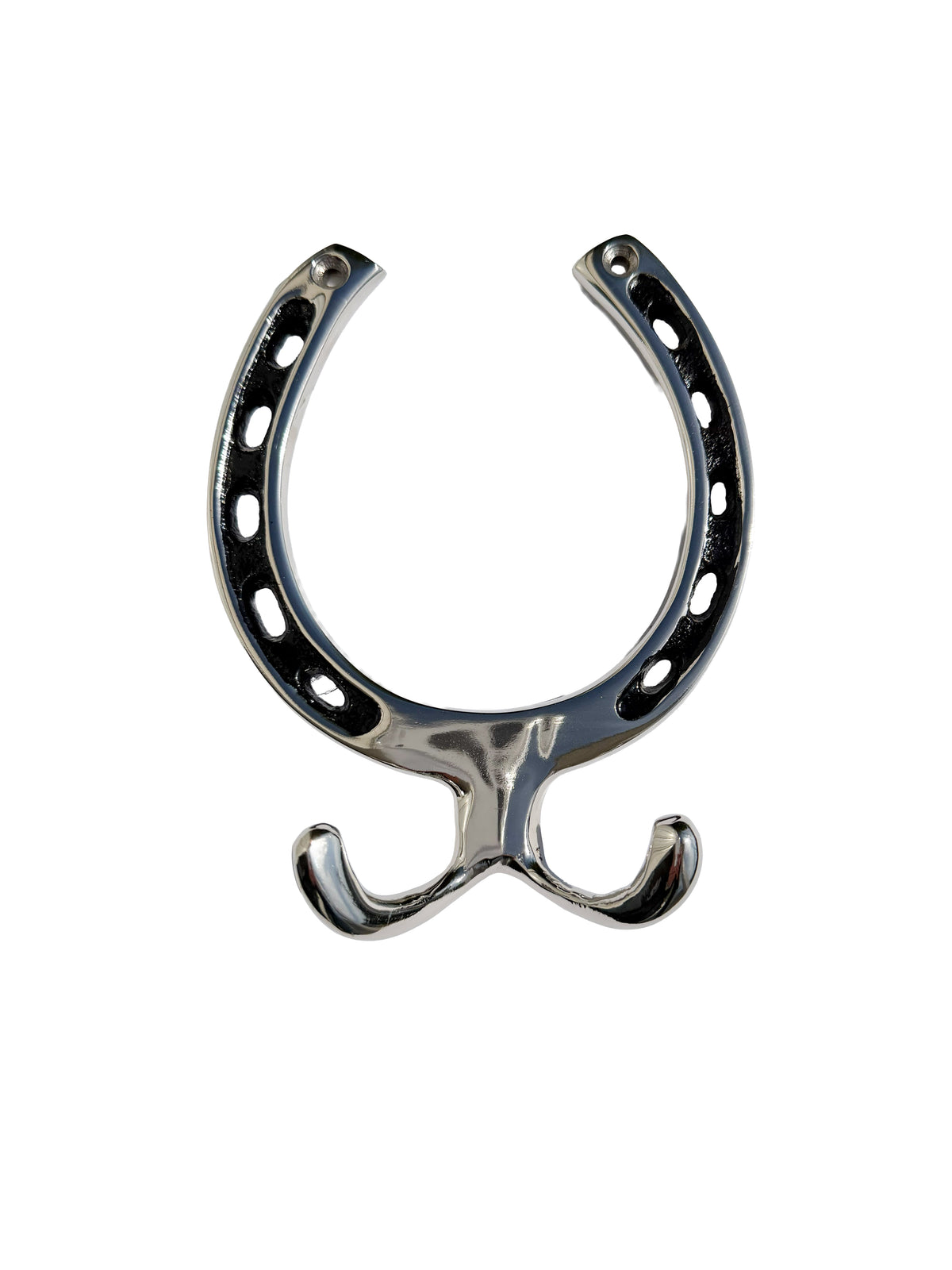 A polished chrome horseshoe-shaped wall hook with two hanging loops at the bottom, shown on a plain white background.