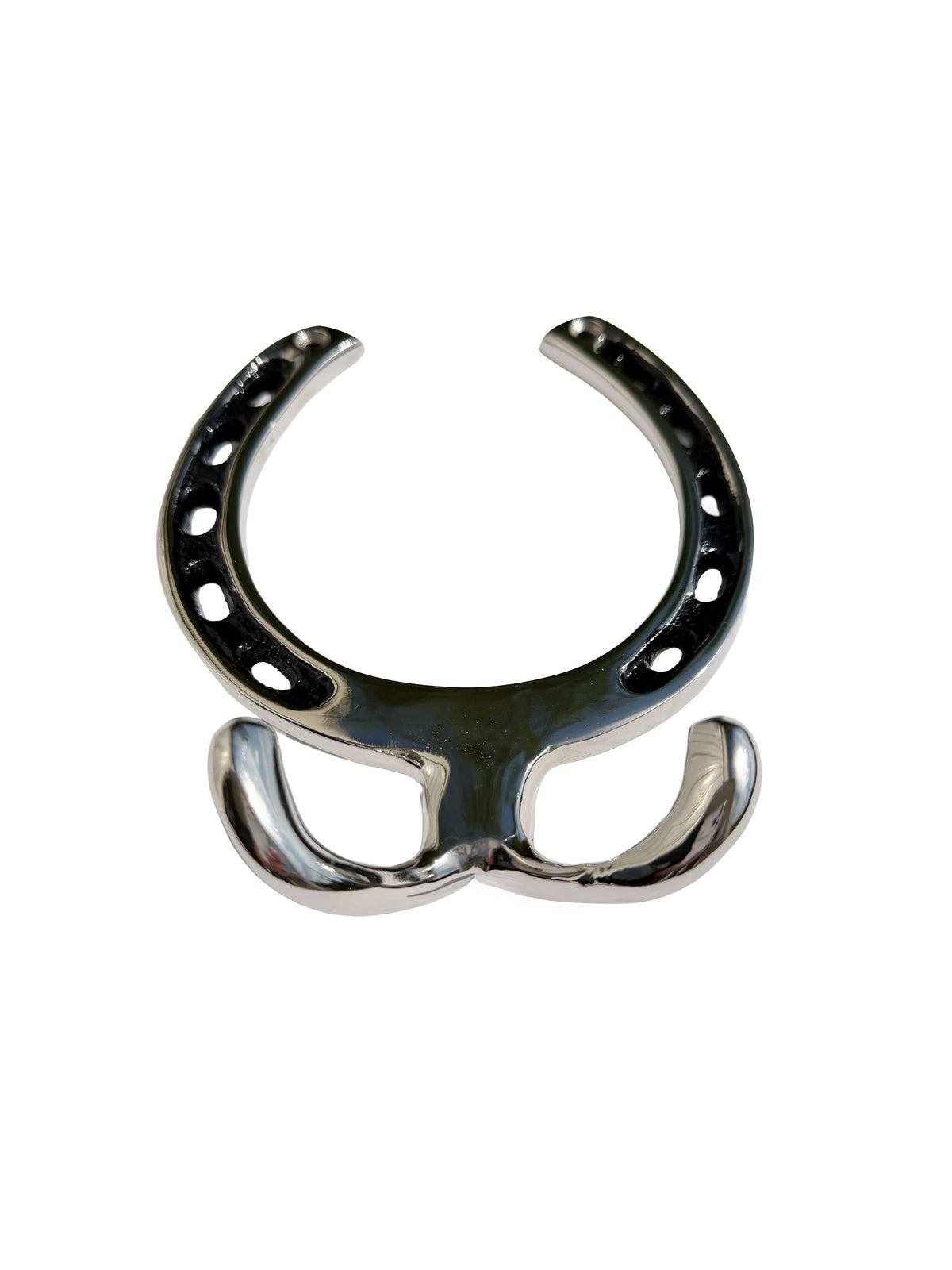 A polished chrome horseshoe-shaped metal accessory with a double hook design at the bottom, shown on a plain white background.