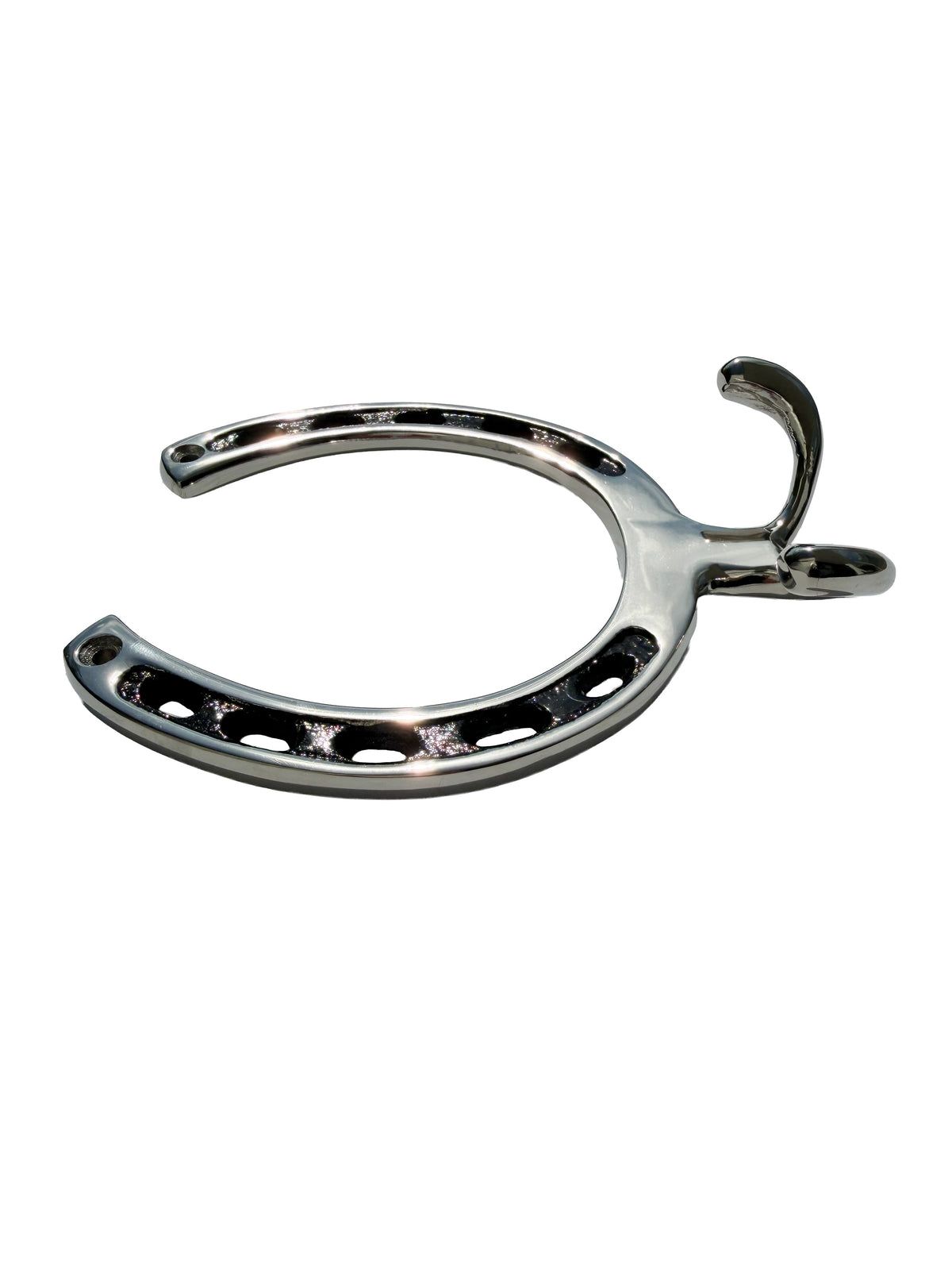 A polished chrome horseshoe hook accessory for equestrian tack, shown on a plain white background.