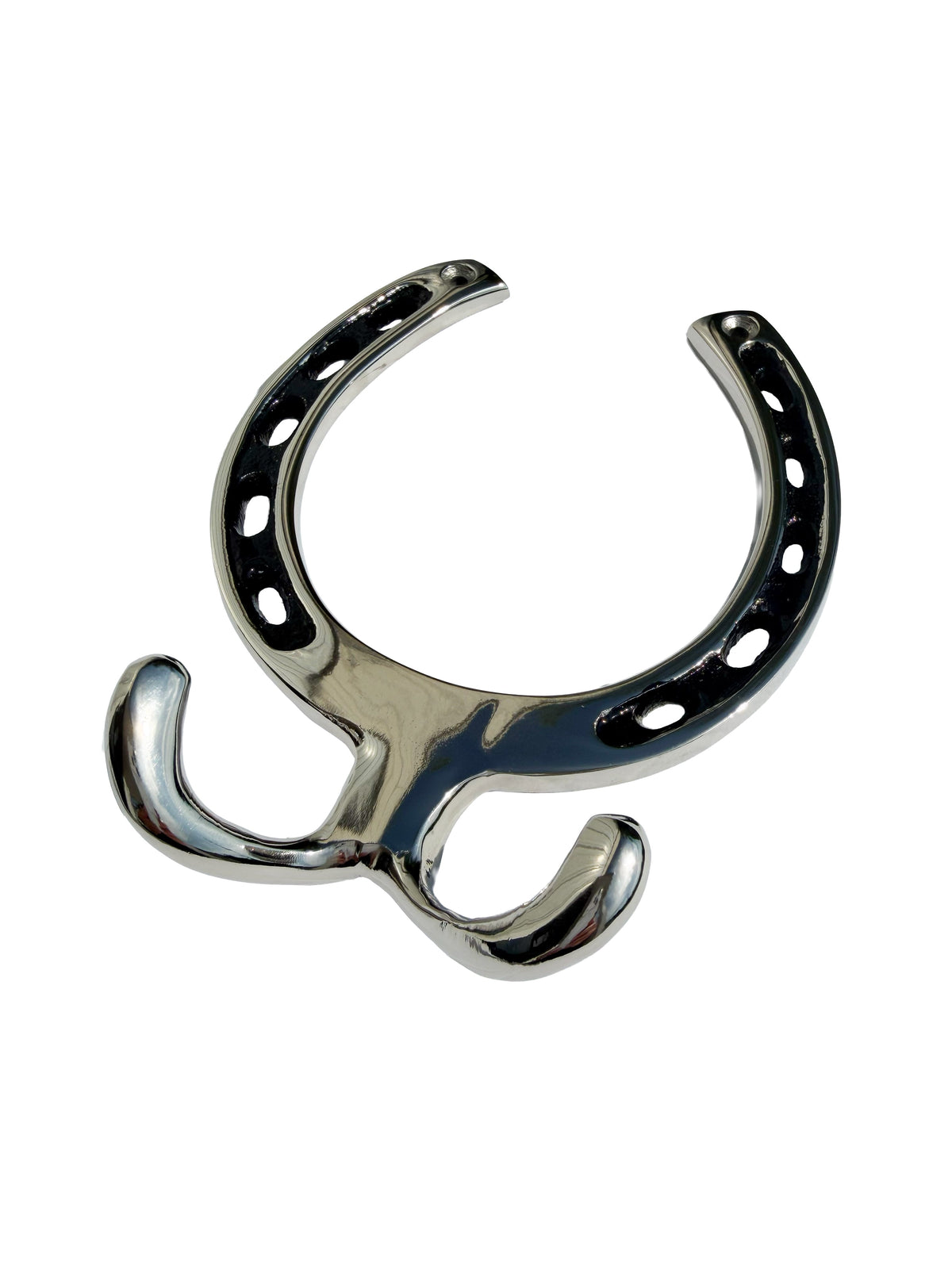 A polished chrome horseshoe-shaped wall hook, featuring a reflective silver finish and pre-drilled nail holes, isolated on a white background.
