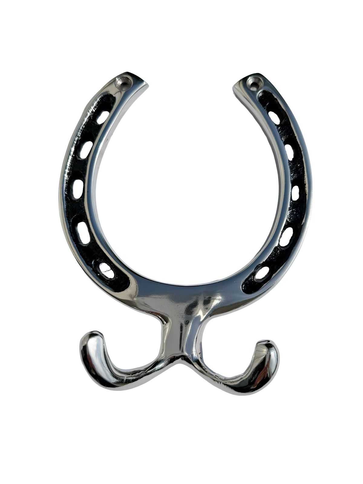 A polished chrome horseshoe-shaped wall hook with two hanging loops at the bottom, shown on a plain white background.
