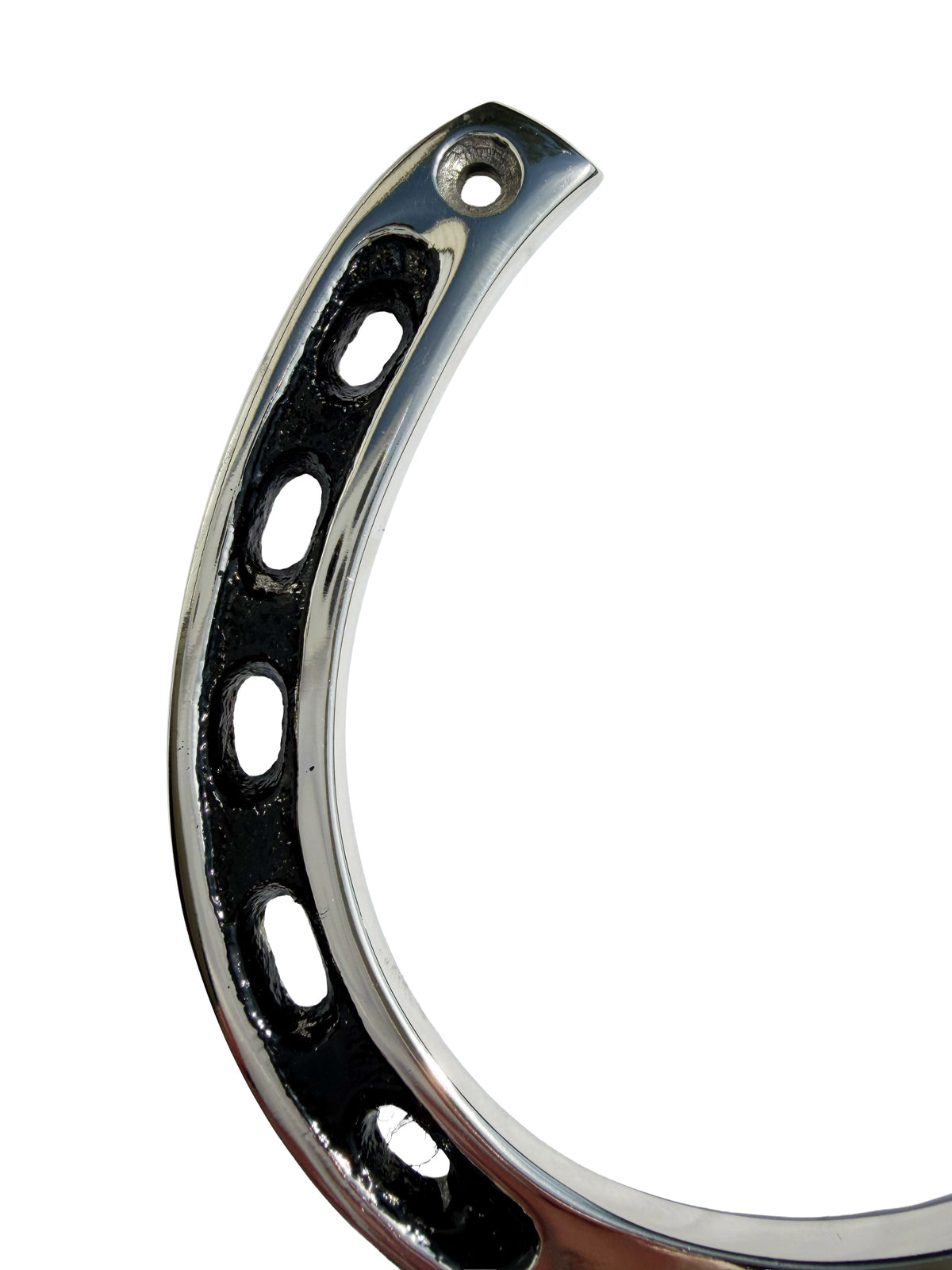 A close-up of a polished chrome horseshoe on a solid white background.