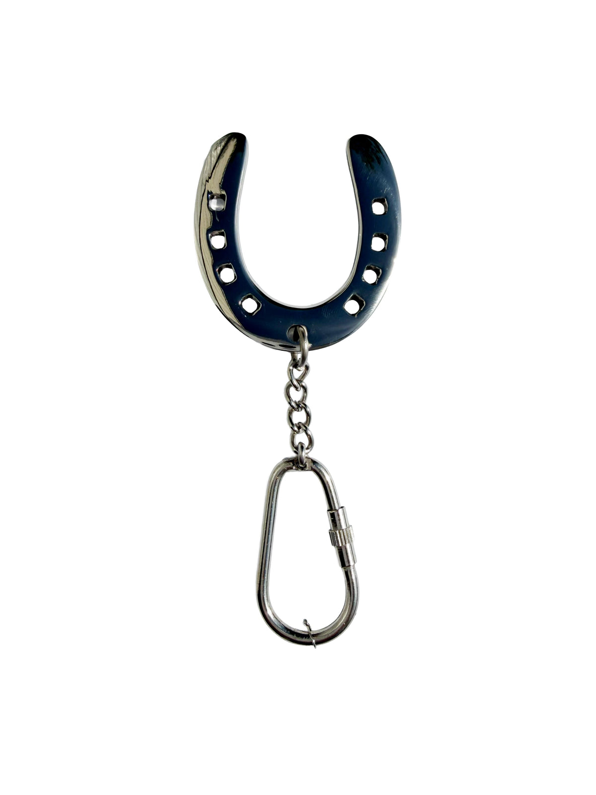 A silver metal horseshoe-shaped keychain with a dark blue enamel inlay and a silver carabiner attached by a short chain, shown on a plain white background.