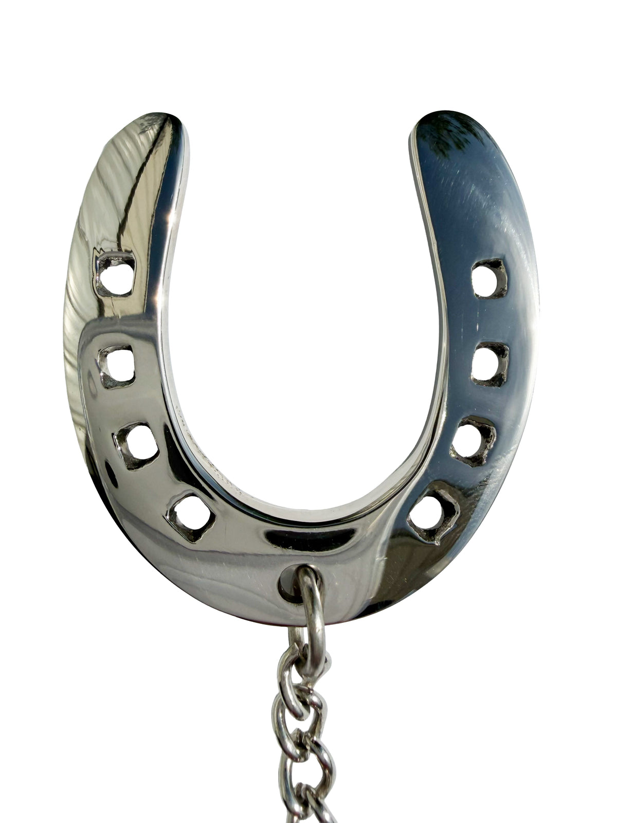 A polished silver metal horseshoe-shaped ornament or pendant with a short chain hanging from the bottom center, shown on a plain white background.