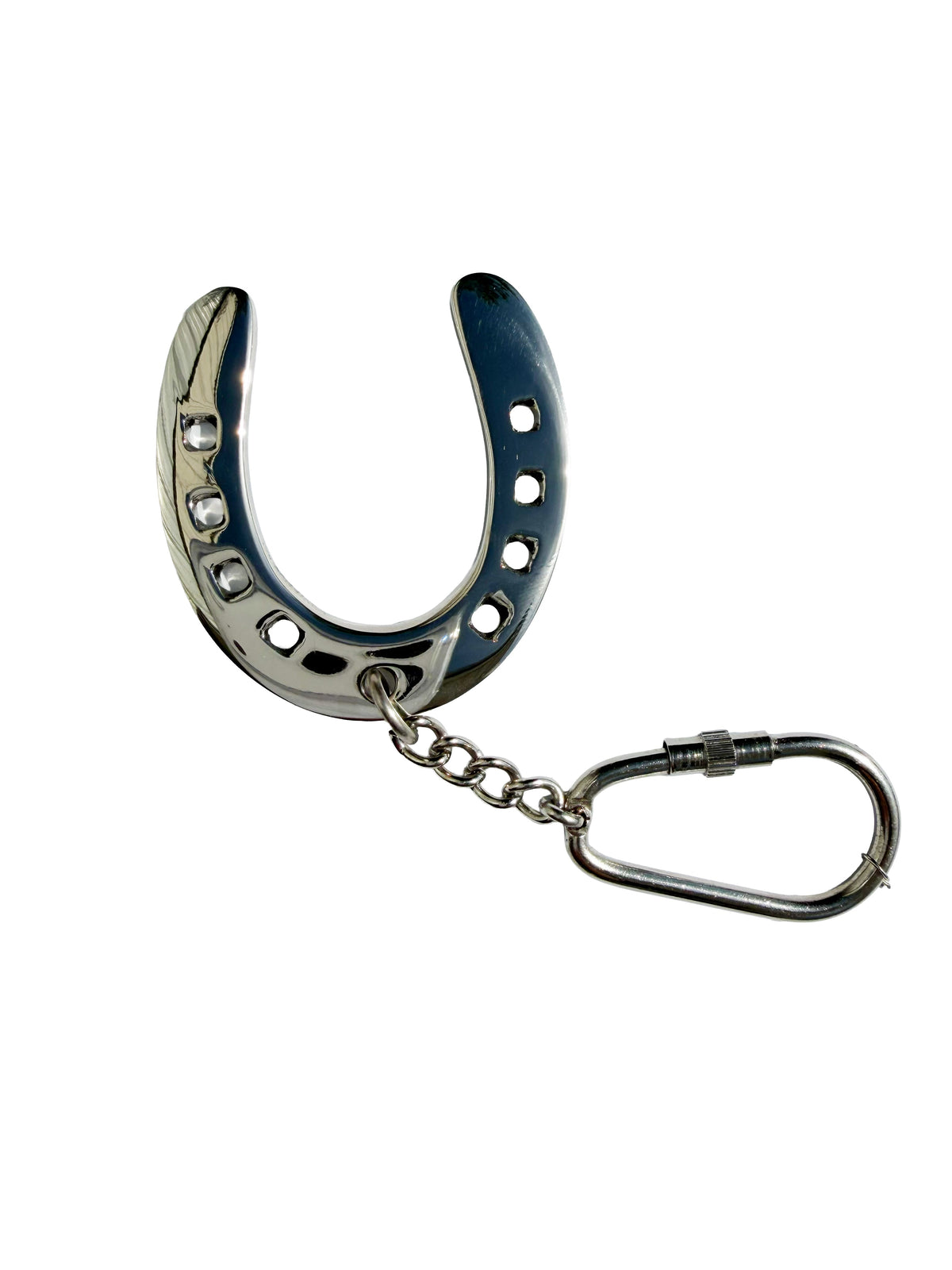 A polished silver metal horseshoe-shaped keychain with a short chain and a carabiner clip, shown on a plain white background.