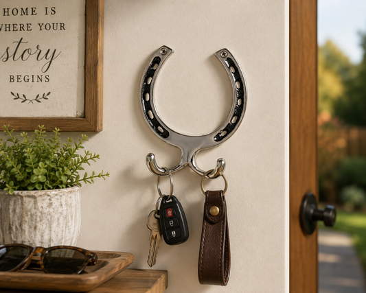 A wall-mounted horseshoe-shaped key rack with three hooks, shown holding keys and a leather key fob on a beige wall in a home entryway setting.