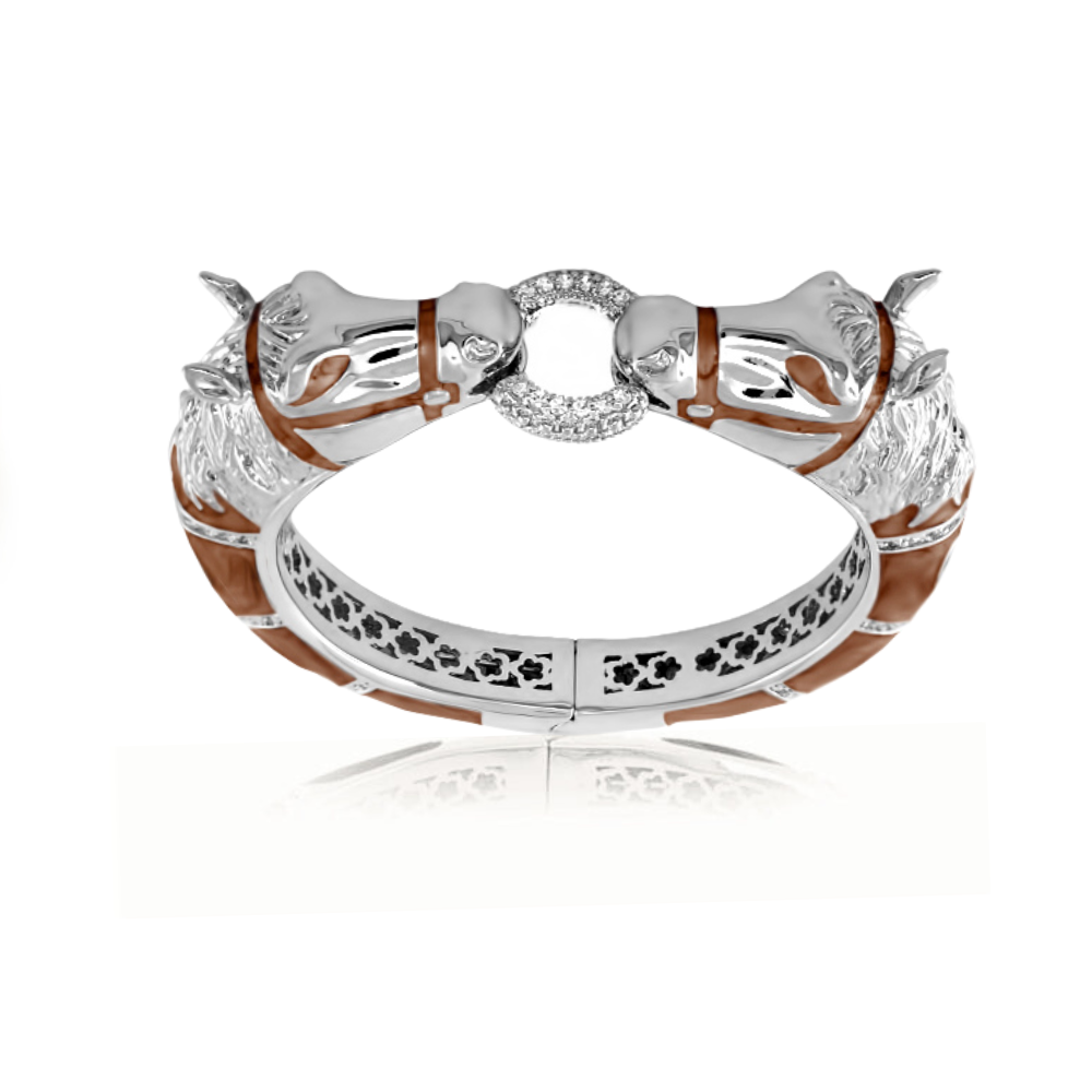 Lauren G Adams Pave Horse Heads Enamel Bangle in Coco, rhodium plated