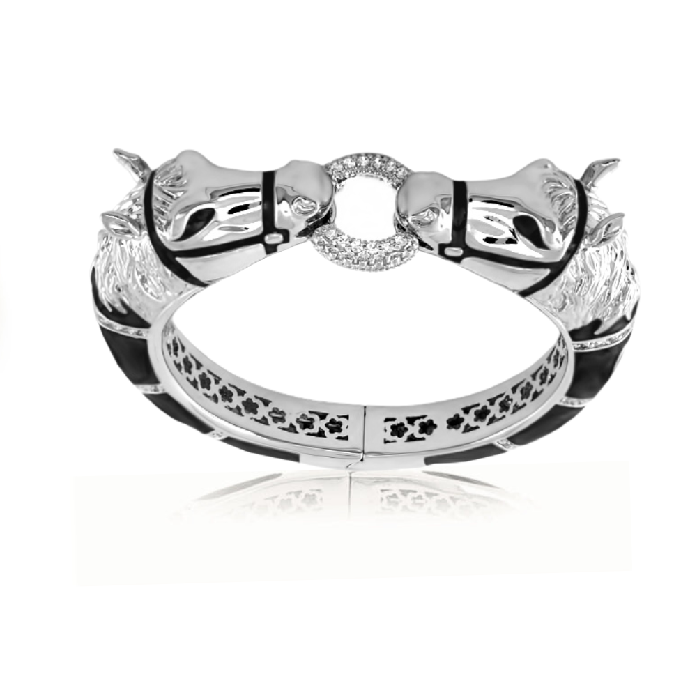 Lauren G Adams Pave Horse Heads Enamel Bangle in Black, rhodium plated