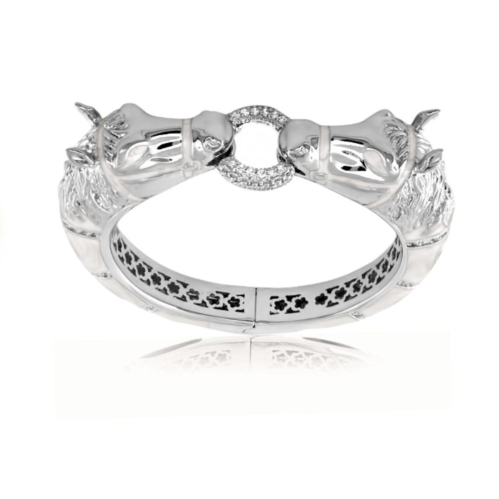 Lauren G Adams Pave Horse Heads Enamel Bangle in Beige, rhodium plated
