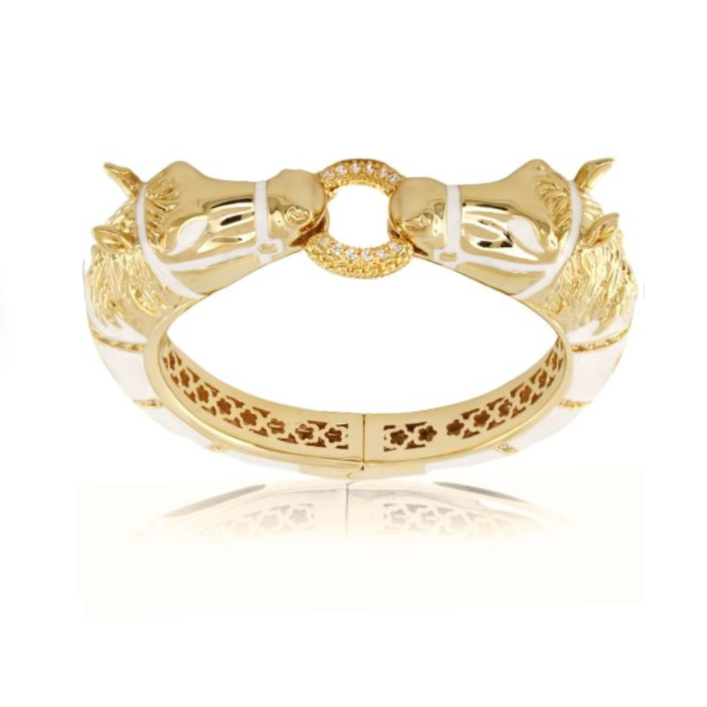 Lauren G Adams Pave Horse Heads Enamel Bangle in White, gold plated