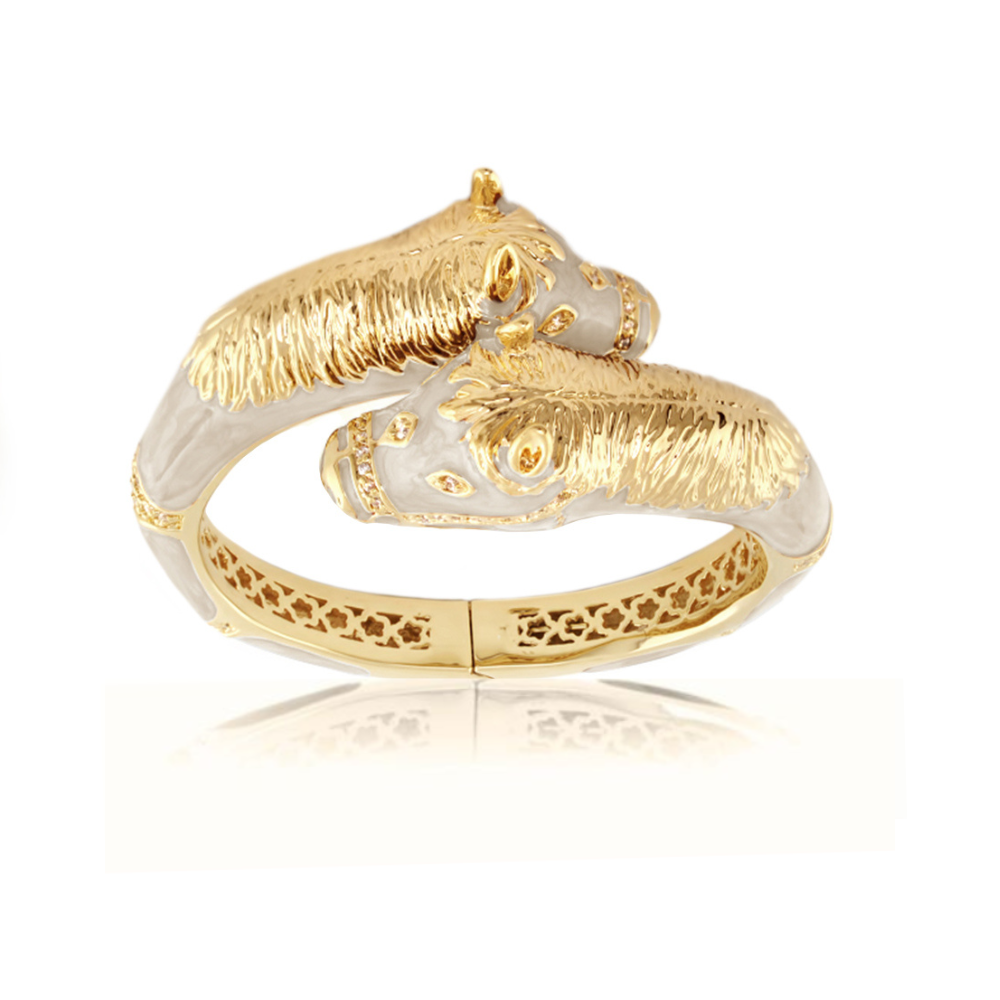 Lauren G Adams Crossover Horse Heads Enamel Bangle in Beige, gold plated
