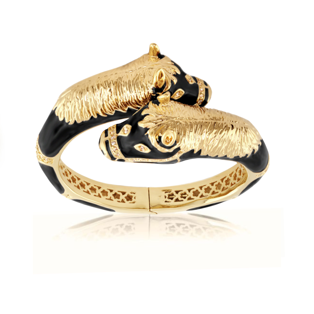 Lauren G Adams Crossover Horse Heads Enamel Bangle in Black, gold plated
