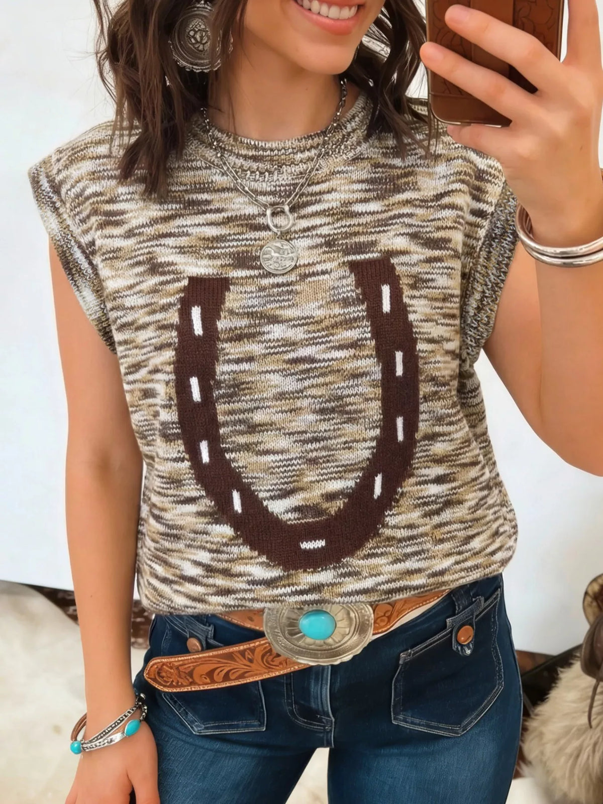 Western Horseshoe Knit Sweater Vest in Mocha