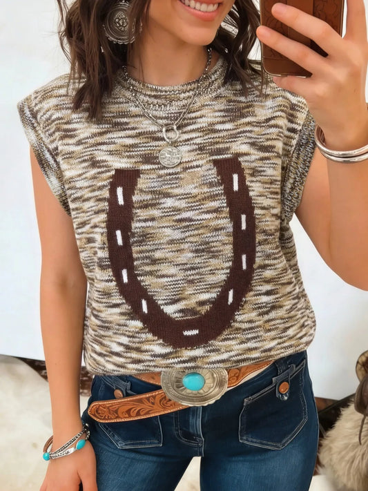 Western Horseshoe Knit Sweater Vest in Mocha