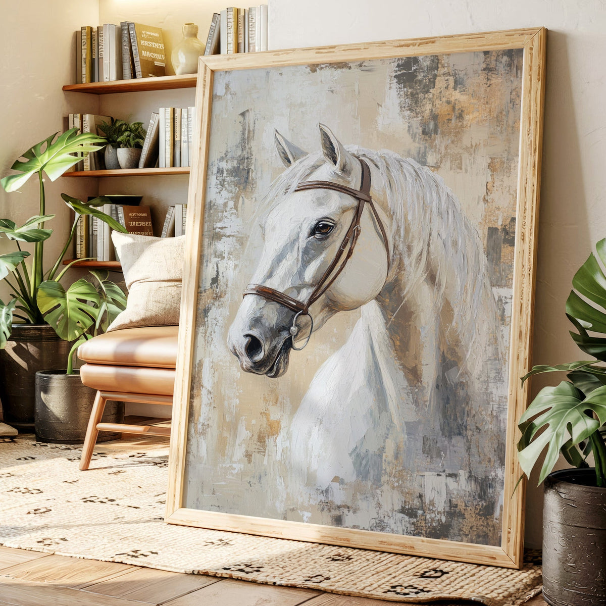 Framed painting of a horse in a home setting with plants and books.