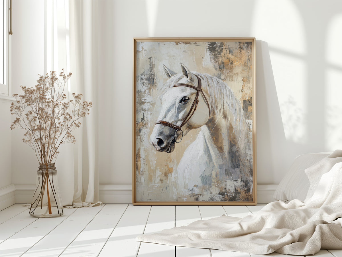 Framed artwork of a horse on a white wall in a bright room with decor elements.
