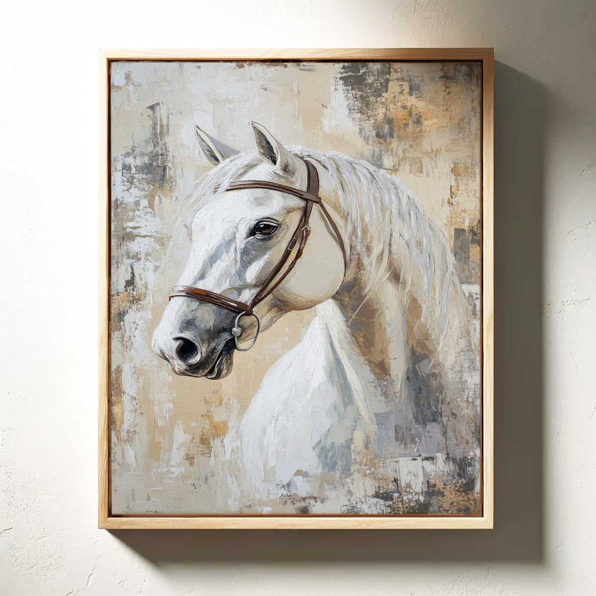 Framed painting of a white horse on a textured wall