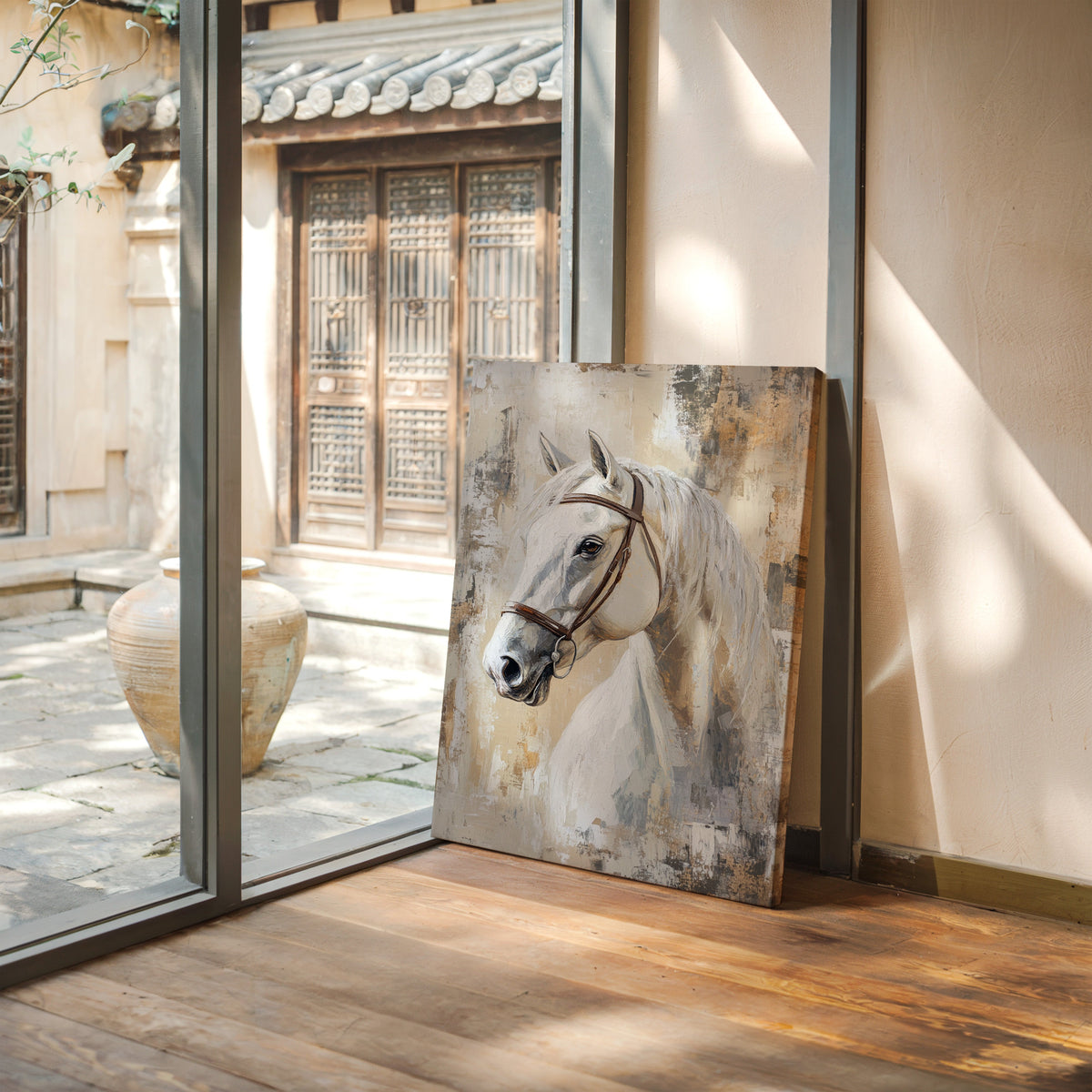 Framed painting of a horse in a room with wooden floor and glass door.
