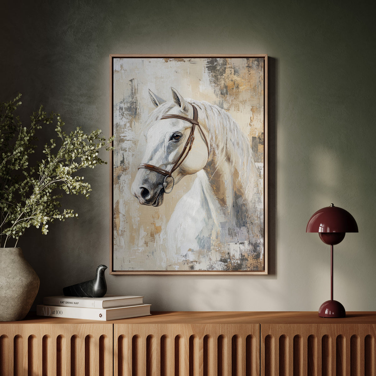 Framed painting of a horse on a wall above a wooden console table with decor items.