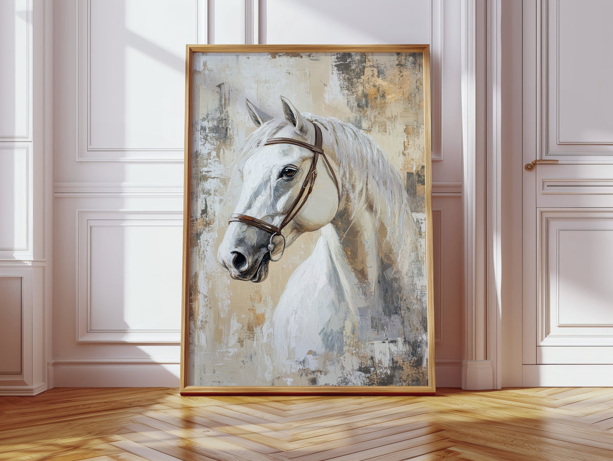 Framed painting of a horse on a wall in a room with wooden floor and white walls.