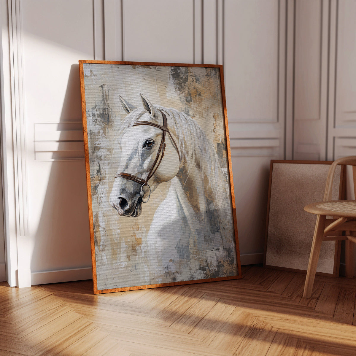 Framed painting of a horse in a room with wooden floor and chair.