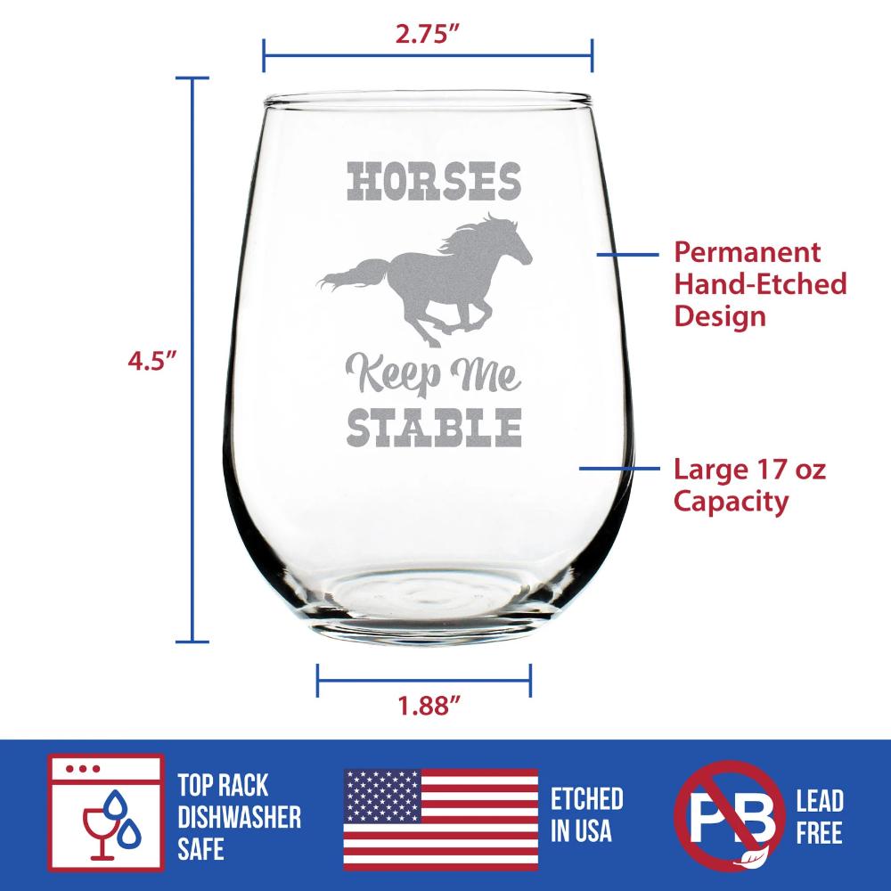 Horses Keep Me Stable – Cute Funny Stemless Wine Glass, Large 17 Ounces, Etched Sayings, Gift Box