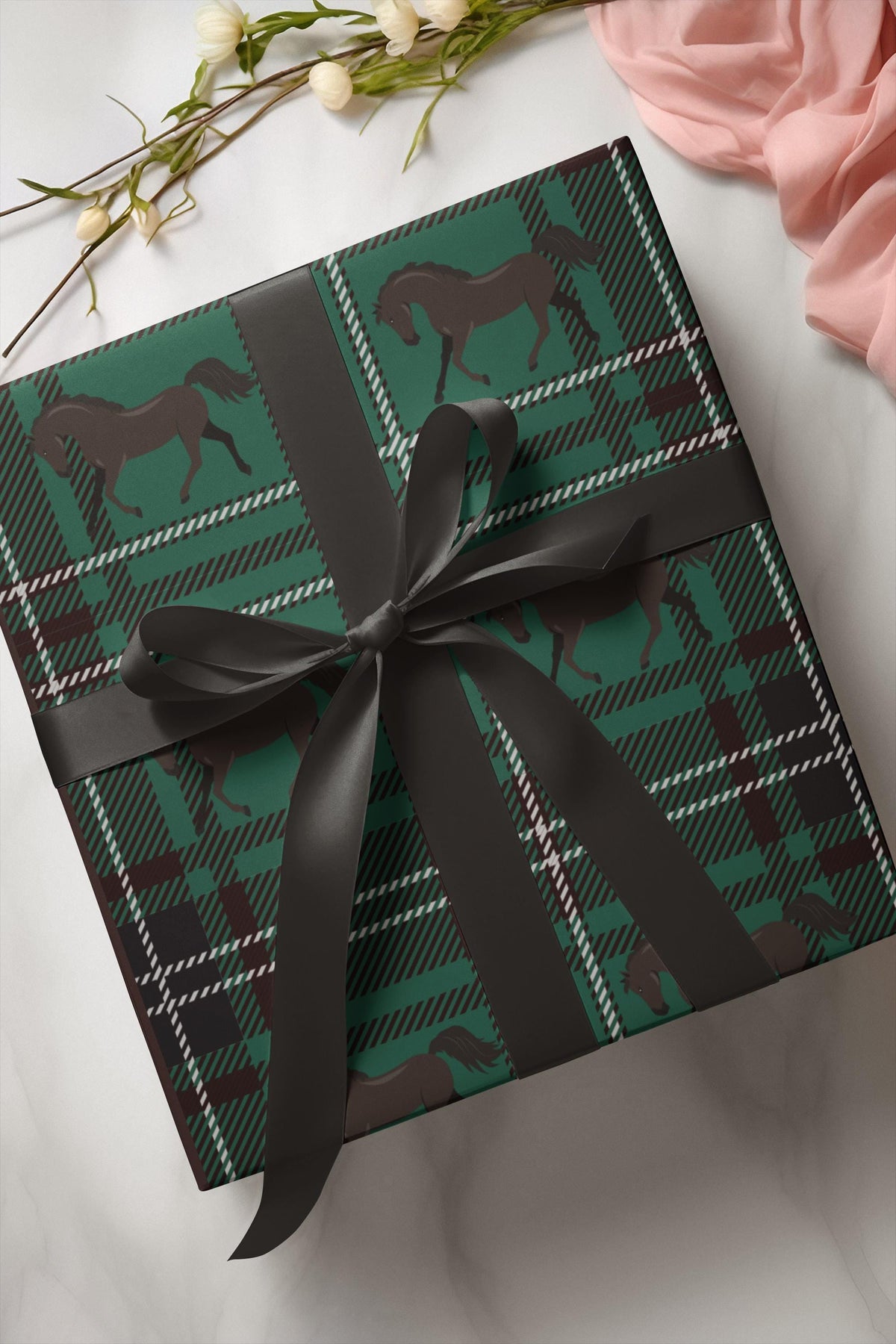 Green Plaid Horse Wrapping Paper
