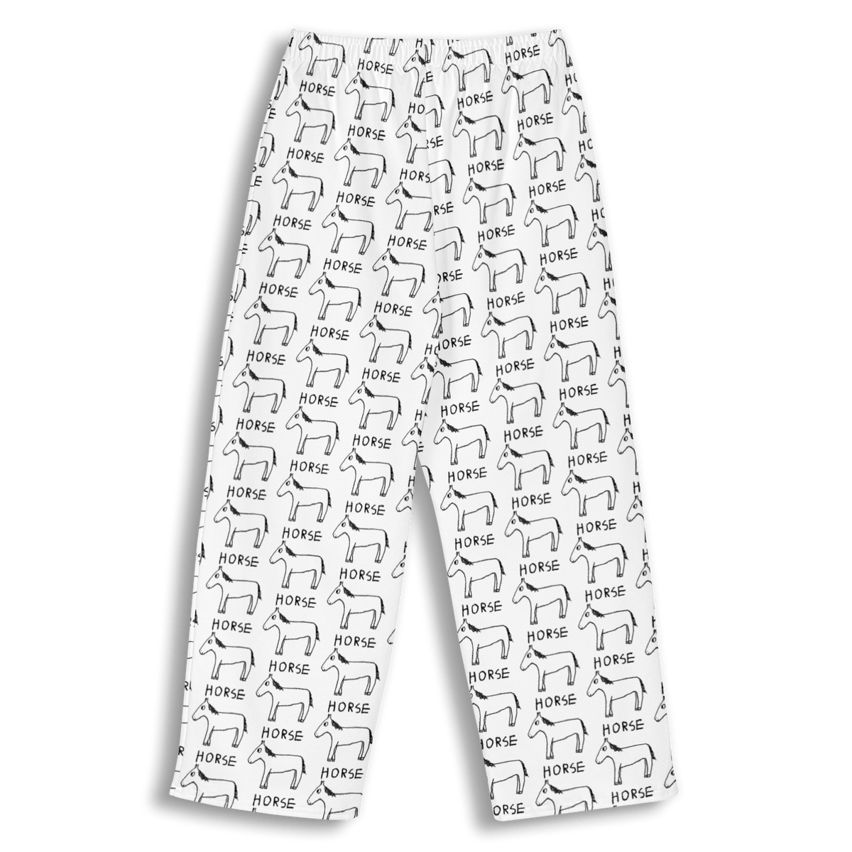 White pants with an all-over black line-art horse pattern and the word 'HORSE' printed repeatedly, shown on a plain white background.