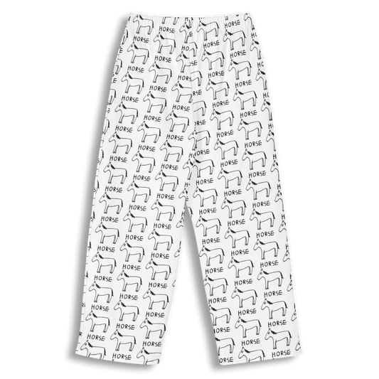 White pants with an all-over black line-art horse pattern and the word 'HORSE' printed repeatedly, shown on a plain white background.