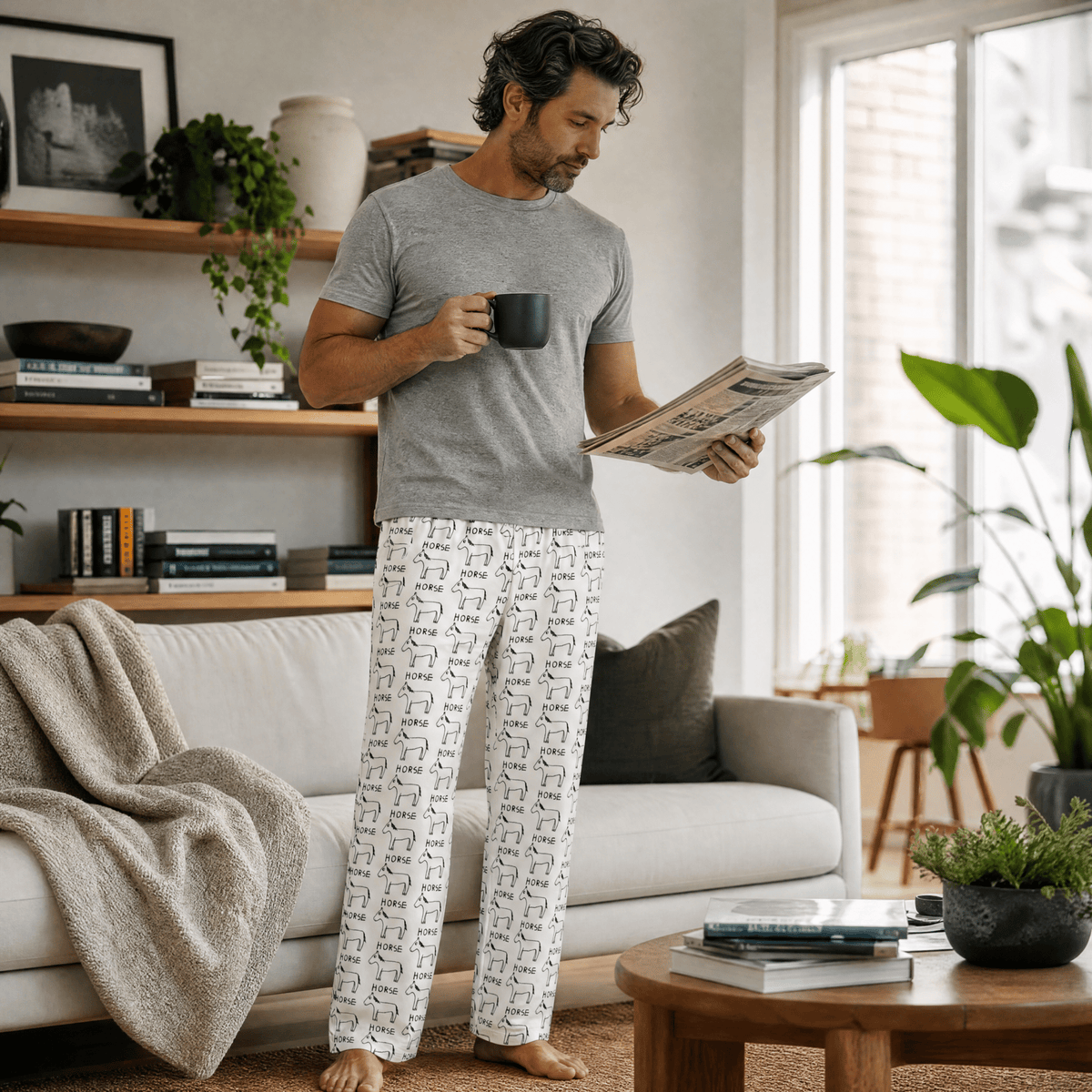 A man in a cozy living room wearing a gray t-shirt and white pajama pants with a black geometric pattern, reading a newspaper while holding a black mug.