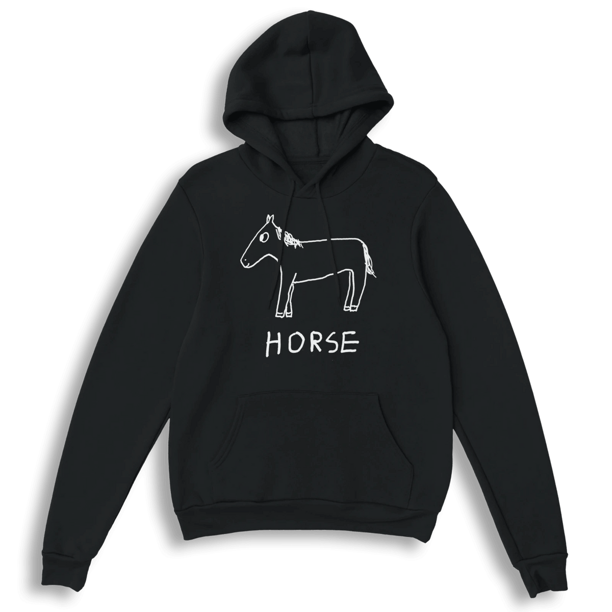 A black pullover hoodie with a white line art graphic of a horse and the word 'HORSE' printed on the chest, displayed against a clean white background.