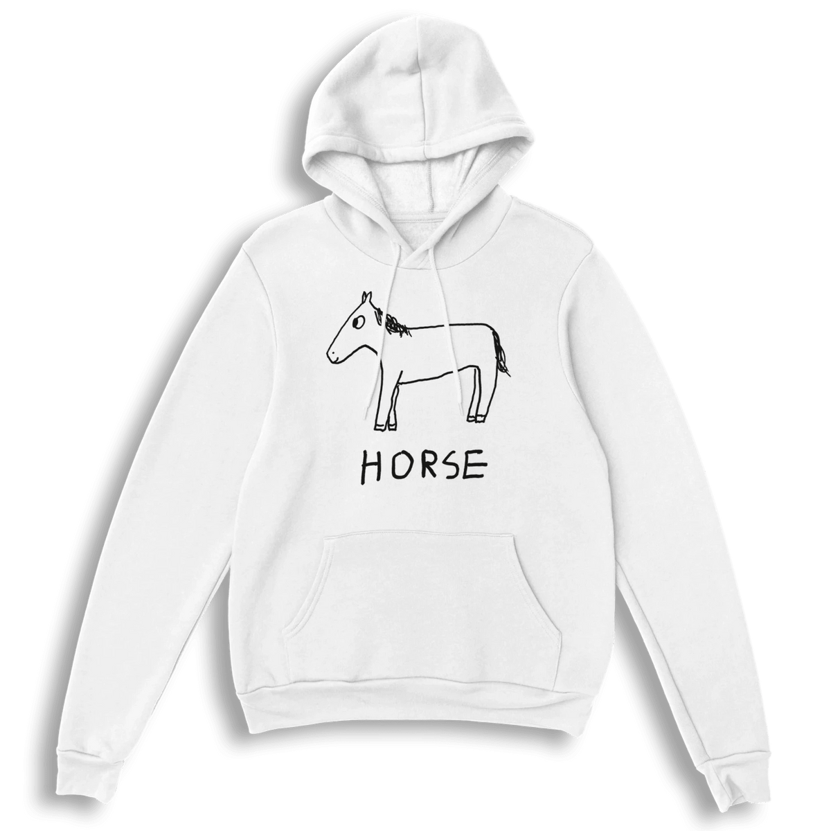 A white pullover hoodie with a black line art drawing of a horse and the word 'HORSE' printed on the chest, displayed against a solid dark green background.