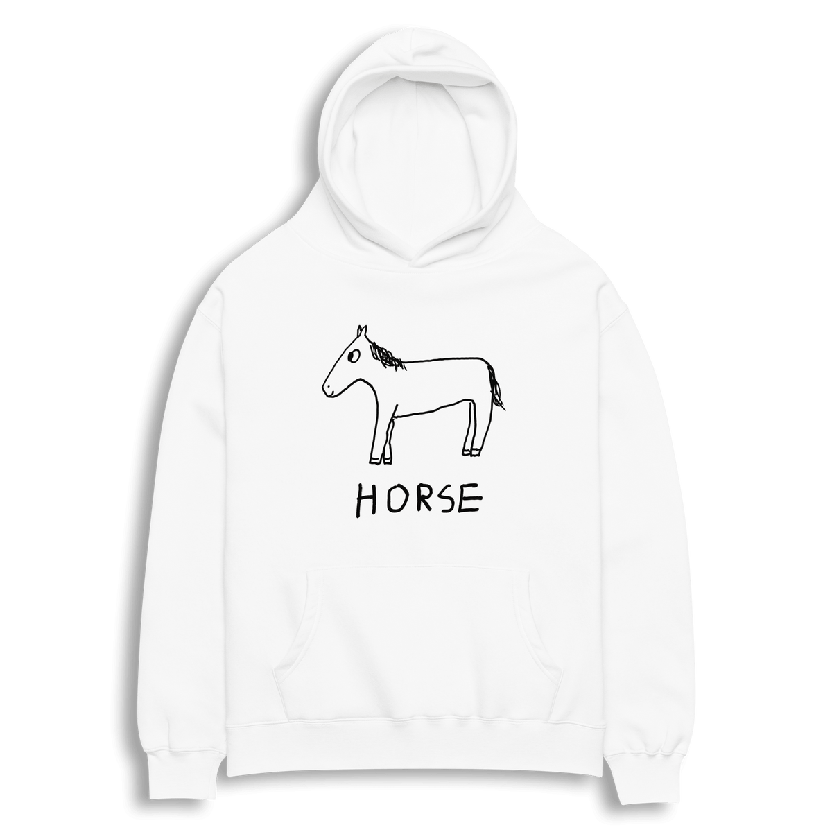 A white pullover hoodie featuring a simple black line art drawing of a horse with the word 'HORSE' printed underneath, shown against a plain white background.