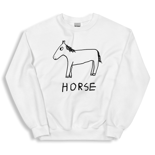 A white crewneck sweatshirt featuring a simple black line art drawing of a horse and the word 'HORSE' printed underneath, displayed on a clean white background.