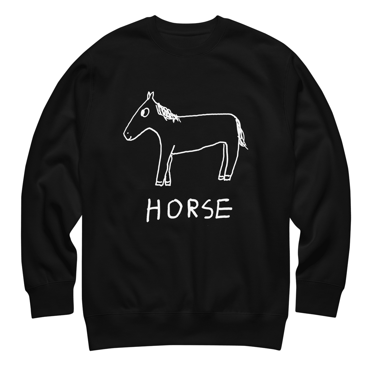 A black crewneck sweatshirt featuring a white line art drawing of a horse and the word 'HORSE' printed below it, displayed on a solid white background.