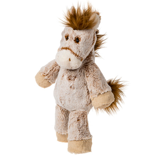 A plush toy horse with a light beige body, brown mane, and brown tail, standing against a plain white background.