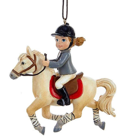 Girl Riding Horse Christmas Ornament in White Horse