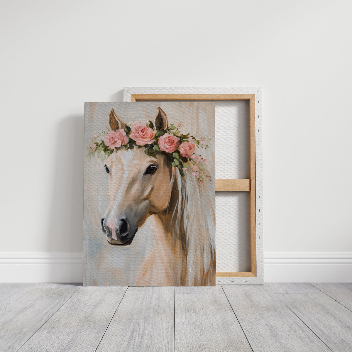 Floral Horse Wall Art with Pink Roses in Gallery Canvas