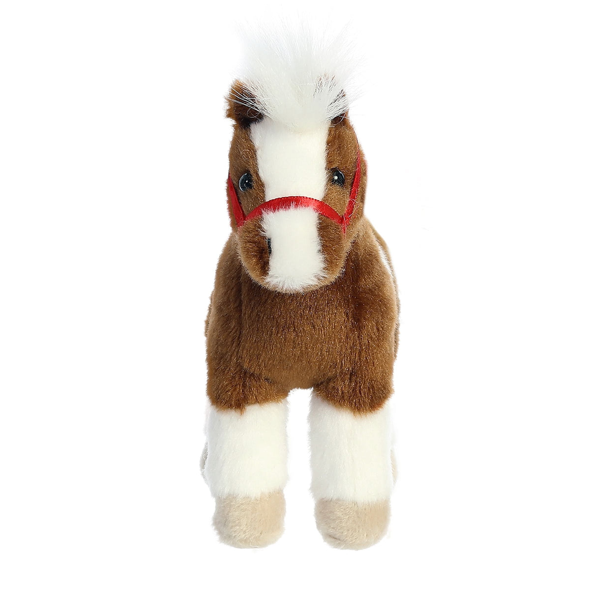 Plush horse toy with a white face and brown body on a white background