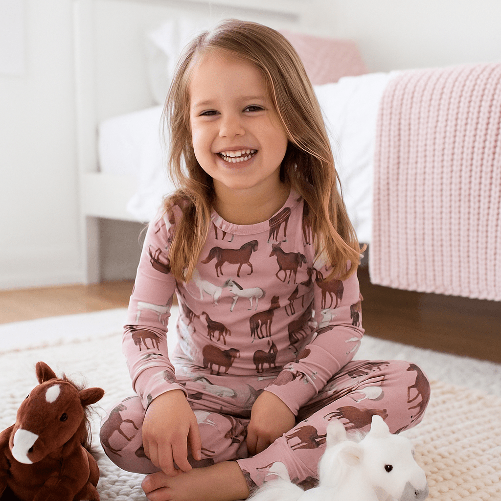 Child wearing pink pajamas with animal patterns, sitting on a bed with stuffed animals.