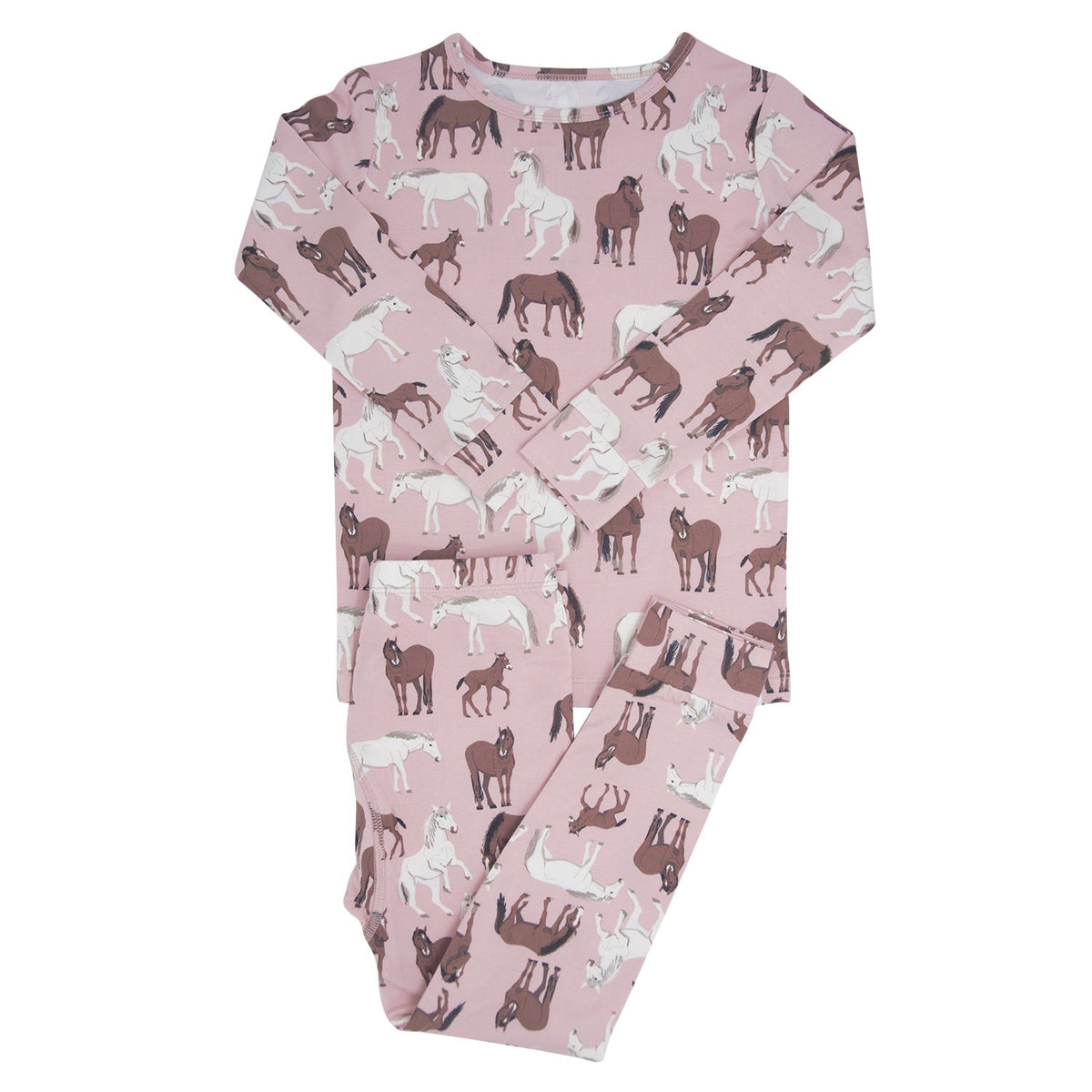 Children's pajama set with horse pattern on pink background
