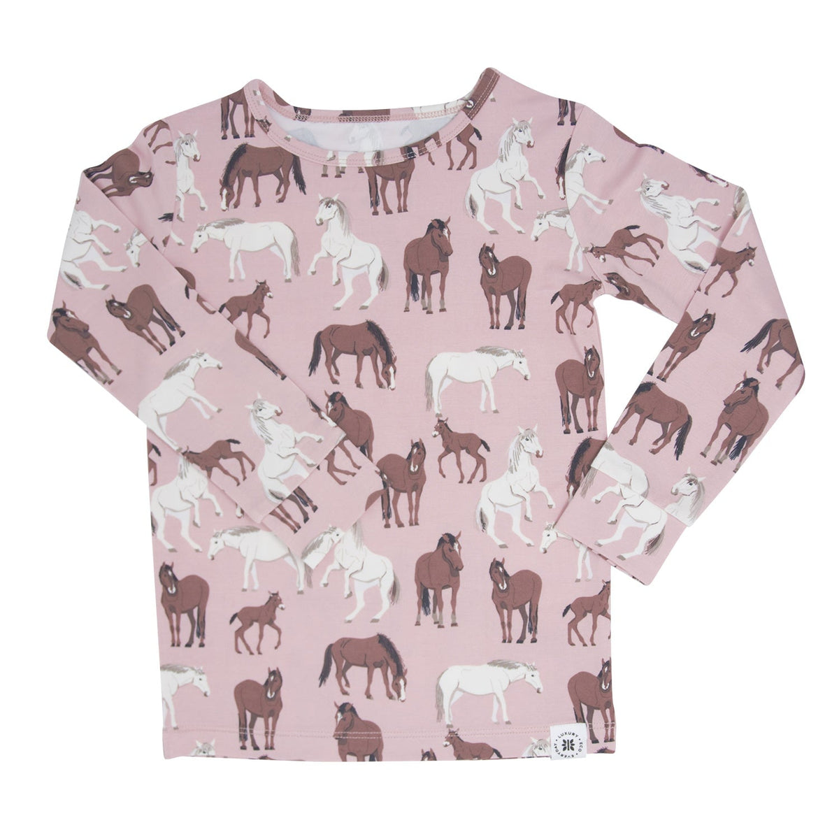 Long-sleeve shirt with horse pattern on a pink background