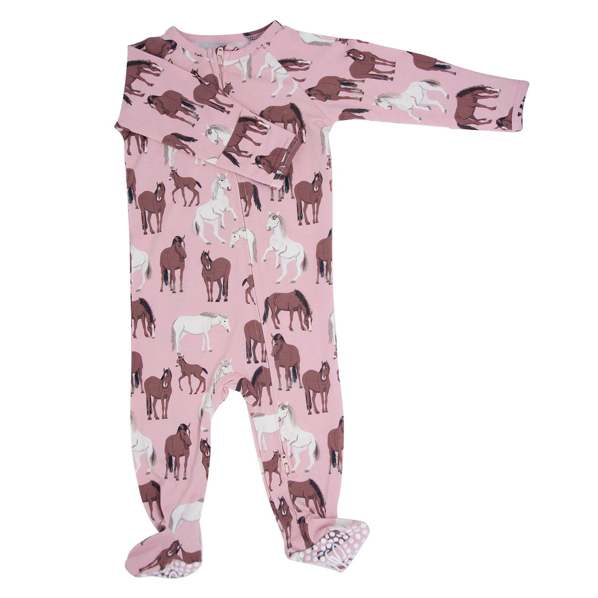 Pink baby onesie with horse pattern on a white background