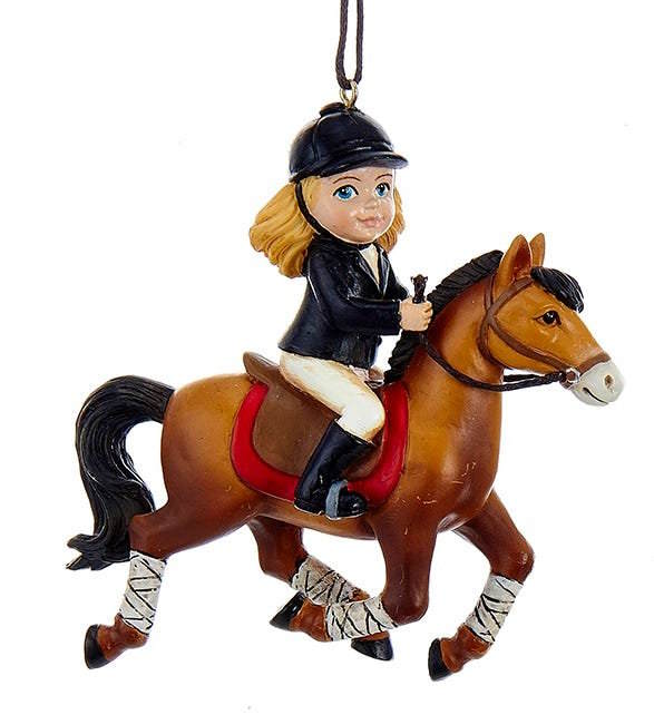 Girl Riding Horse Christmas Ornament in Brown Horse
